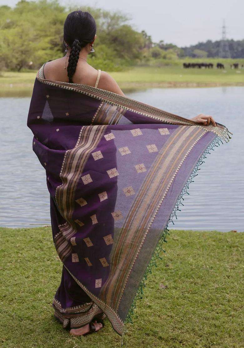Burgundy Woven Bengal Cotton Saree With Buttas With Buttas And Brocade Design For Women - Indya