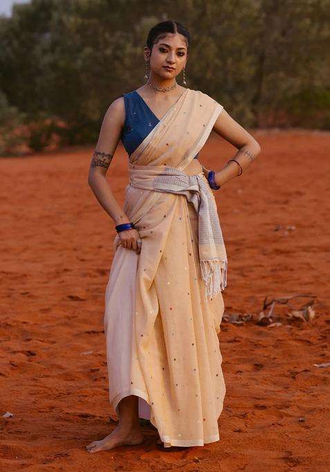 Beige Handloom Bengal Cotton Saree With Coin Buttas With Buttas And Brocade Design For Women