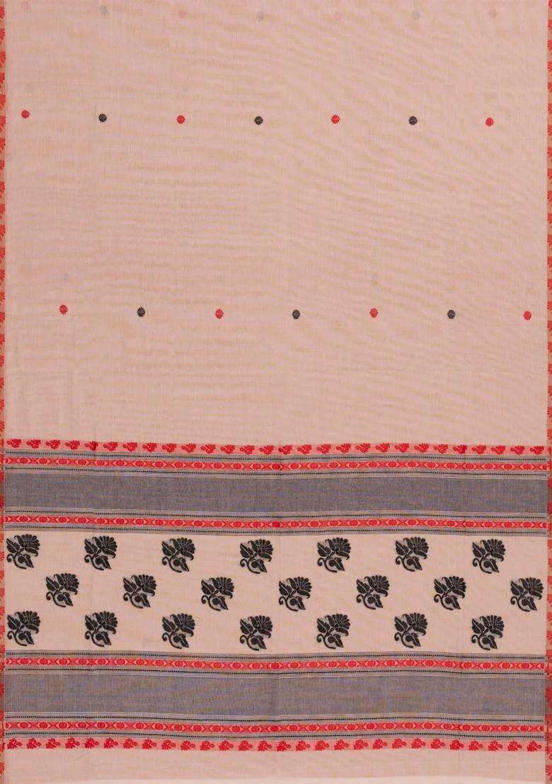 Dusty Peach Handloom Bengal Cotton Saree With Kamalam Buttas With Buttas And Brocade Design For Women - Indya