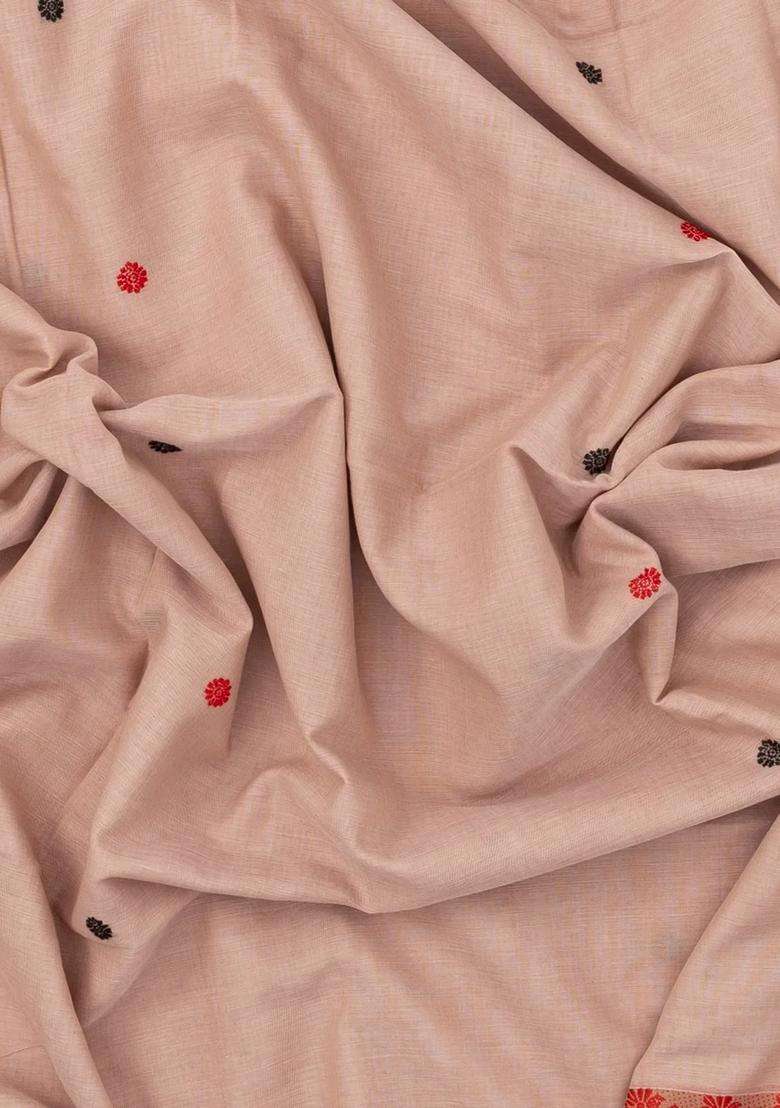 Dusty Peach Handloom Bengal Cotton Saree With Kamalam Buttas With Buttas And Brocade Design For Women - Indya