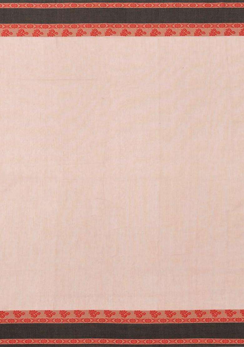 Dusty Peach Handloom Bengal Cotton Saree With Kamalam Buttas With Buttas And Brocade Design For Women - Indya