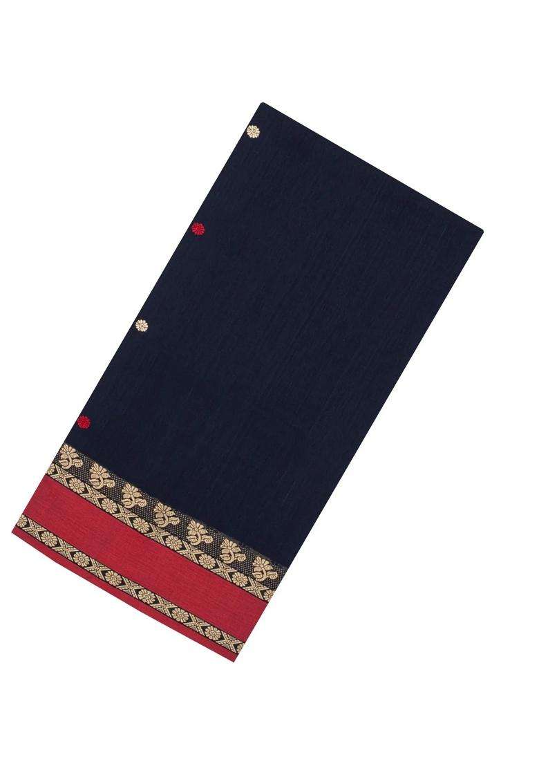 Midnight Blue Handloom Bengal Cotton Saree With Kamalam Buttas With Buttas And Brocade Design For Women - Indya