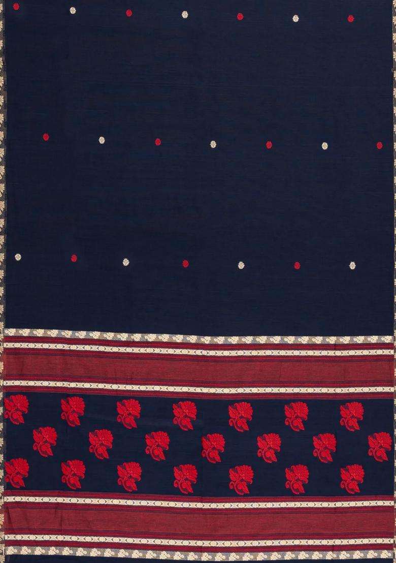 Midnight Blue Handloom Bengal Cotton Saree With Kamalam Buttas With Buttas And Brocade Design For Women - Indya
