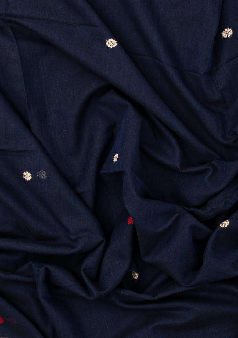 Midnight Blue Handloom Bengal Cotton Saree With Kamalam Buttas With Buttas And Brocade Design For Women - Indya