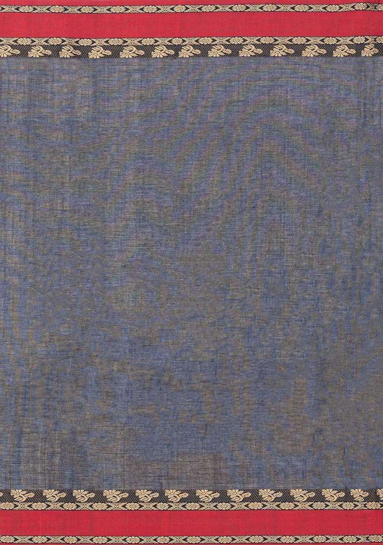 Midnight Blue Handloom Bengal Cotton Saree With Kamalam Buttas With Buttas And Brocade Design For Women - Indya