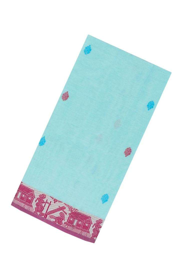 Turquoise Handloom Bengal Cotton Saree With Floral Buttas With Buttas And Brocade Design For Women - Indya