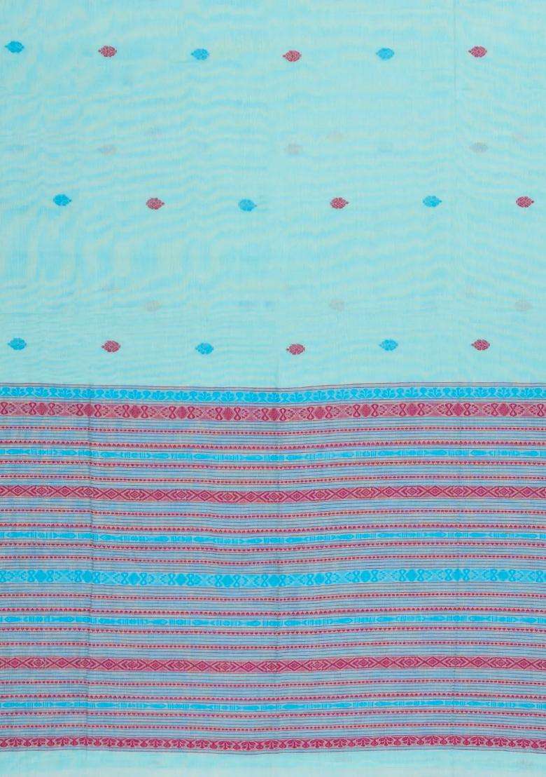 Turquoise Handloom Bengal Cotton Saree With Floral Buttas With Buttas And Brocade Design For Women - Indya