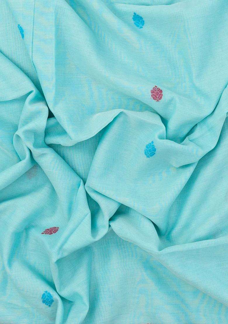 Turquoise Handloom Bengal Cotton Saree With Floral Buttas With Buttas And Brocade Design For Women - Indya