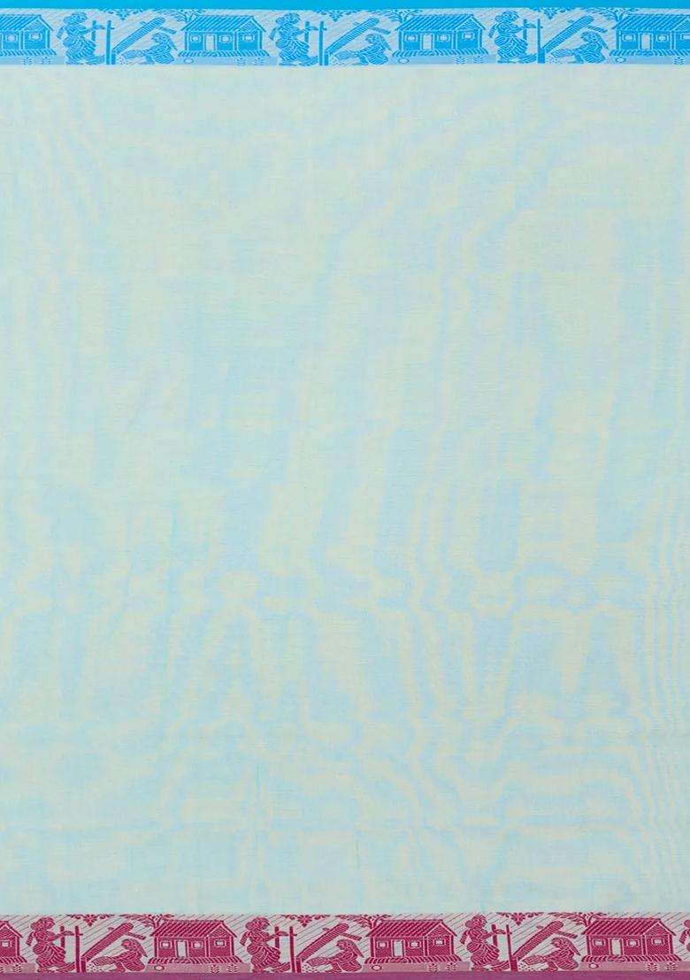 Turquoise Handloom Bengal Cotton Saree With Floral Buttas With Buttas And Brocade Design For Women - Indya