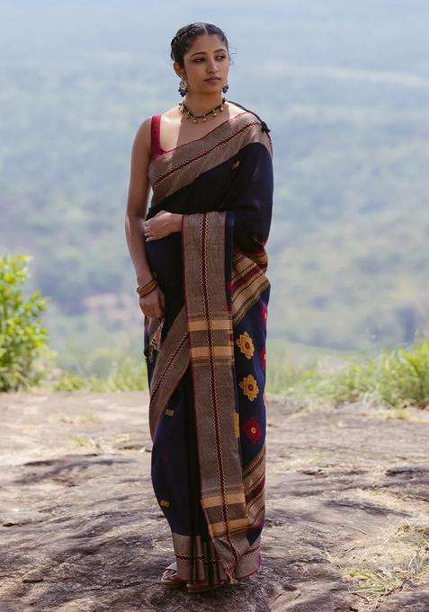Black Handloom Bengal Cotton Saree With Floral Buttas With Buttas And Brocade Design For Women