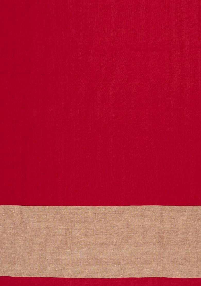 Red Handloom Bengal Cotton Saree With Contrast Border With Traditional Woven Design For Women - Indya