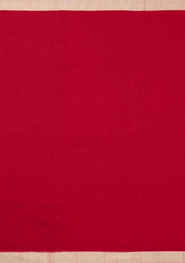 Red Handloom Bengal Cotton Saree With Contrast Border With Traditional Woven Design For Women - Indya