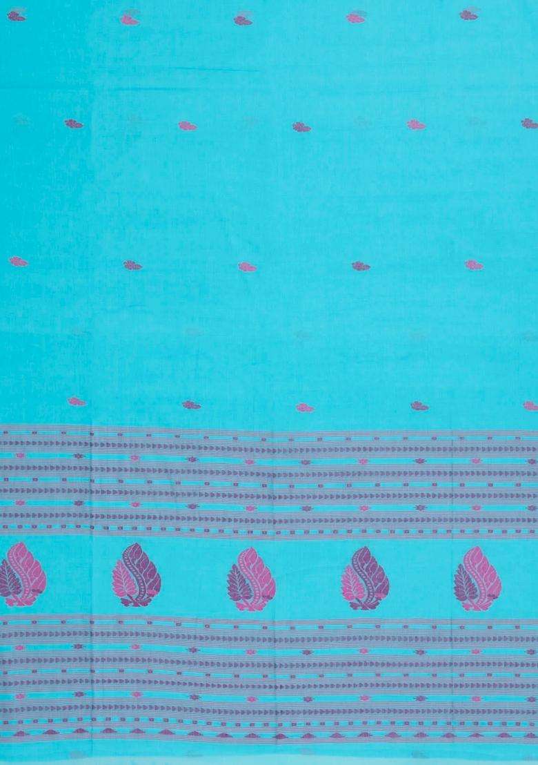 Turquoise Handloom Bengal Cotton Saree With Floral Buttas With Buttas And Brocade Design For Women - Indya