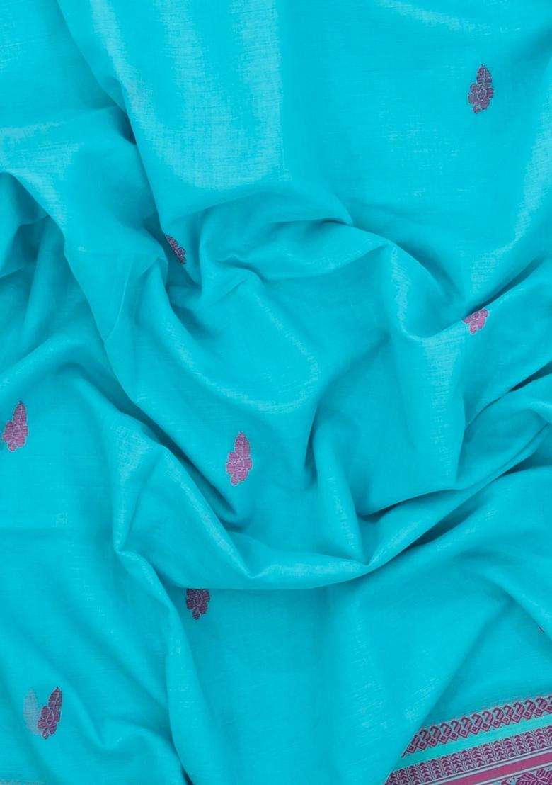 Turquoise Handloom Bengal Cotton Saree With Floral Buttas With Buttas And Brocade Design For Women - Indya