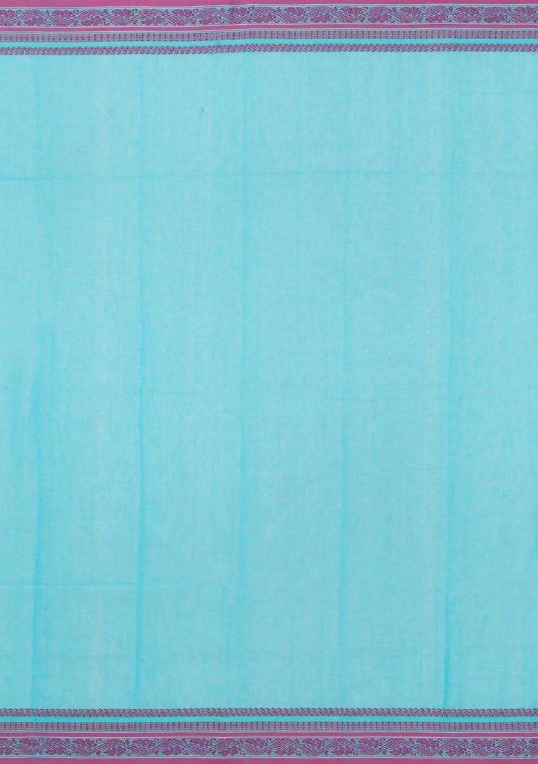Turquoise Handloom Bengal Cotton Saree With Floral Buttas With Buttas And Brocade Design For Women - Indya