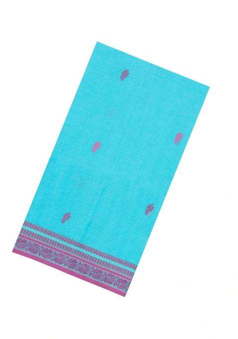 Turquoise Handloom Bengal Cotton Saree With Floral Buttas With Buttas And Brocade Design For Women