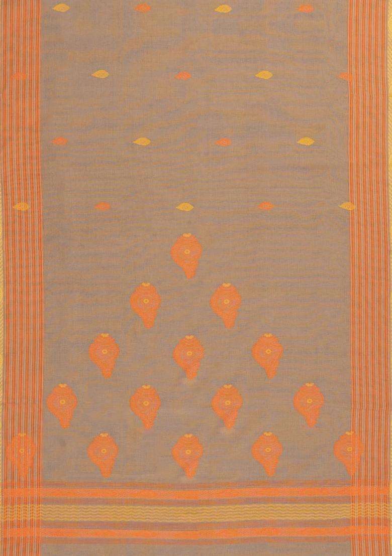 Beige Handloom Bengal Cotton Saree With Floral Buttas With Buttas And Brocade Design For Women - Indya