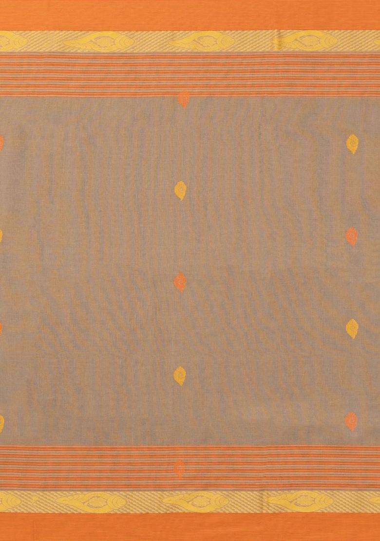 Beige Handloom Bengal Cotton Saree With Floral Buttas With Buttas And Brocade Design For Women - Indya