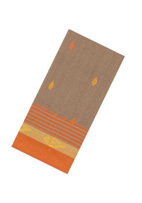 Beige Handloom Bengal Cotton Saree With Floral Buttas With Buttas And Brocade Design For Women
