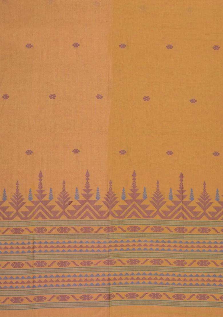 Sandal Handloom Bengal Cotton Saree With Stirpes Floral Buttas With Buttas And Brocade Design For Women - Indya