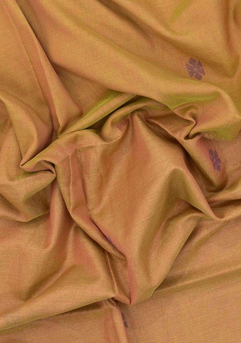 Sandal Handloom Bengal Cotton Saree With Stirpes Floral Buttas With Buttas And Brocade Design For Women - Indya