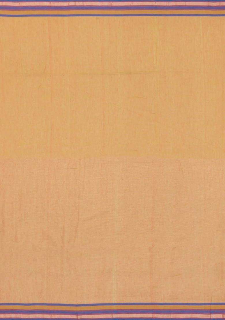 Sandal Handloom Bengal Cotton Saree With Stirpes Floral Buttas With Buttas And Brocade Design For Women - Indya