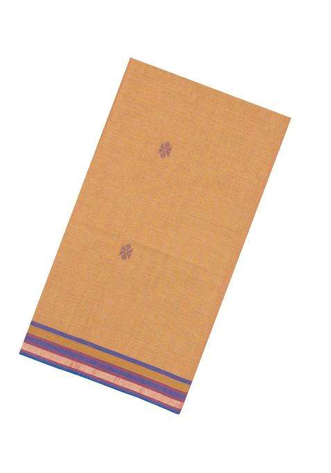 Sandal Handloom Bengal Cotton Saree With Stirpes Floral Buttas With Buttas And Brocade Design For Women