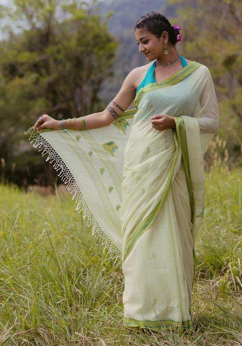 Light Green Handloom Bengal Cotton Saree With Parrot Buttas With Buttas And Brocade Design For Women