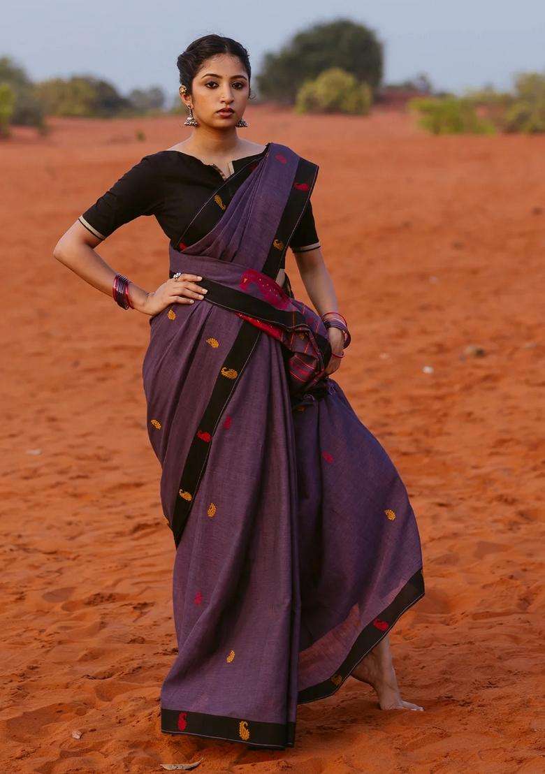 Lilac Handloom Bengal Cotton Saree With Mango Buttas With Buttas And Brocade Design For Women - Indya