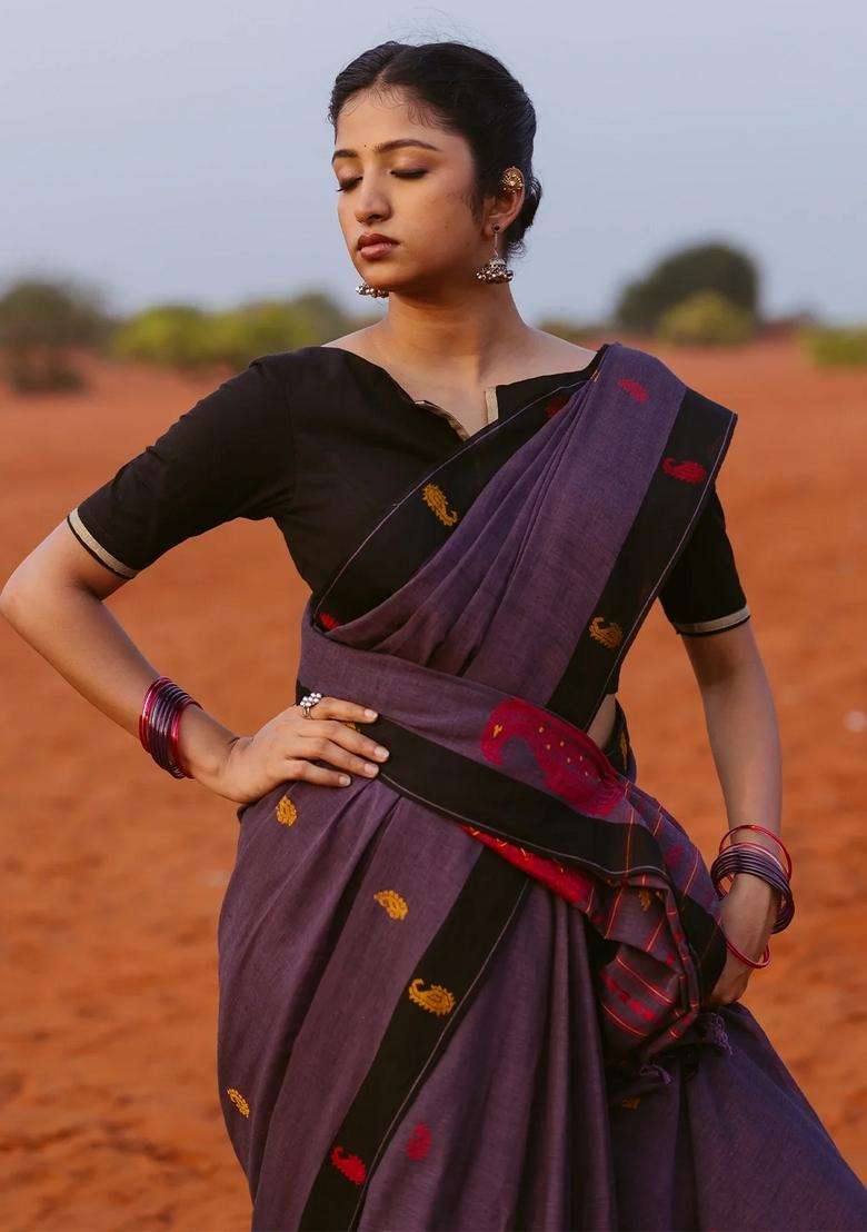 Lilac Handloom Bengal Cotton Saree With Mango Buttas With Buttas And Brocade Design For Women - Indya