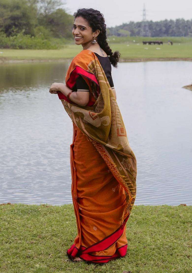 Orange Handloom Bengal Cotton Saree With Diamond Buttas With Buttas And Brocade Design For Women - Indya