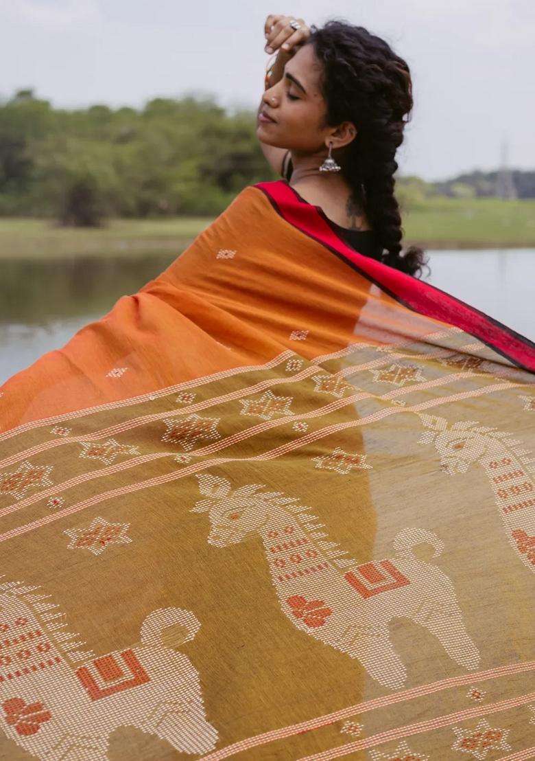 Orange Handloom Bengal Cotton Saree With Diamond Buttas With Buttas And Brocade Design For Women - Indya