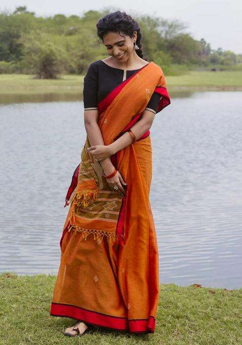 Orange Handloom Bengal Cotton Saree With Diamond Buttas With Buttas And Brocade Design For Women