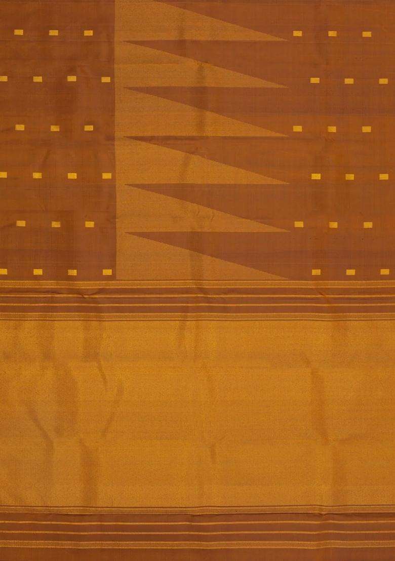 Oil Mustard Handloom Kanchipuram Silk Saree With Square Buttas With Buttas And Brocade Design For Women - Indya