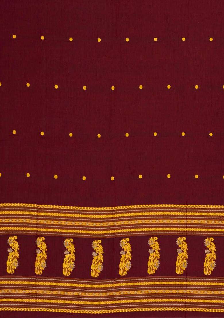 Crimson Handloom Bengal Cotton Saree With Kamalam Buttas With Buttas And Brocade Design For Women - Indya