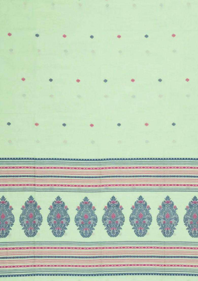 Mint Green Handloom Bengal Cotton Saree With Diamond Buttas With Buttas And Brocade Design For Women - Indya