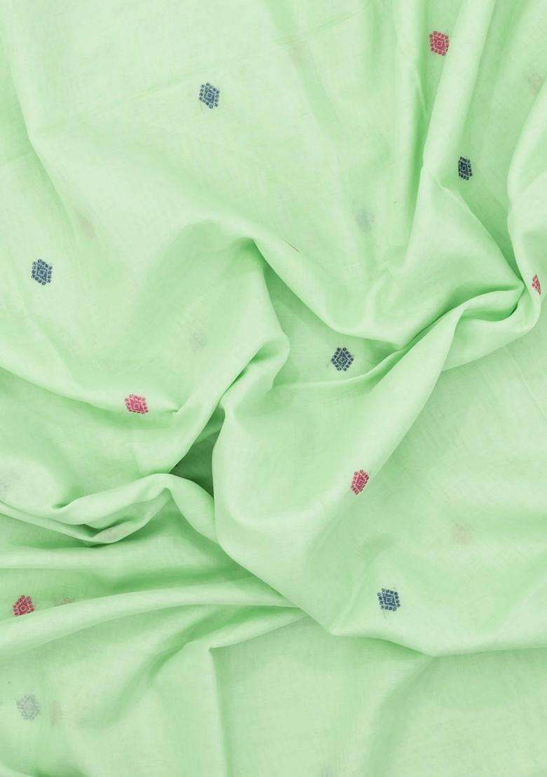 Mint Green Handloom Bengal Cotton Saree With Diamond Buttas With Buttas And Brocade Design For Women - Indya