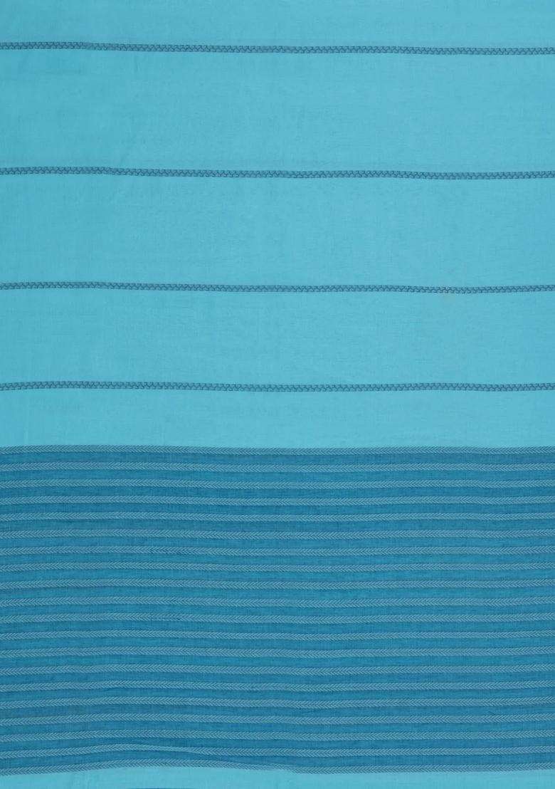 Turquoise Handloom Bengal Cotton Saree With Stripes With Checks And Stripes Design For Women - Indya