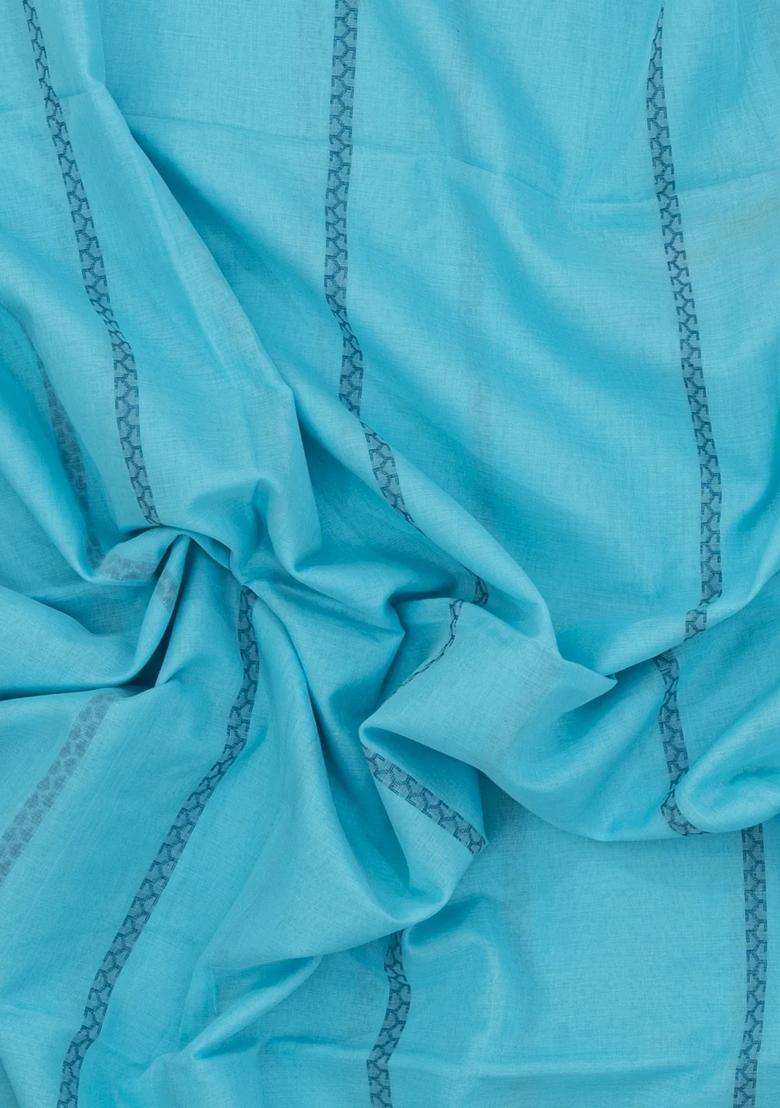 Turquoise Handloom Bengal Cotton Saree With Stripes With Checks And Stripes Design For Women - Indya