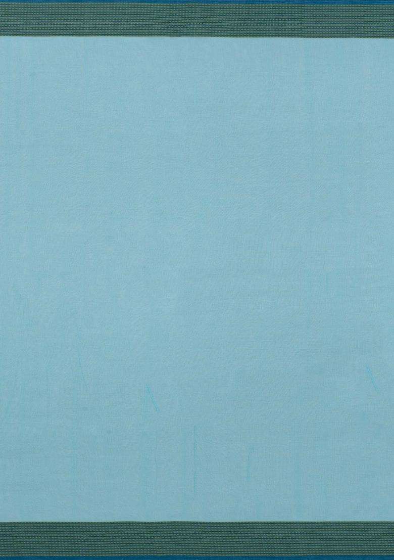 Turquoise Handloom Bengal Cotton Saree With Stripes With Checks And Stripes Design For Women - Indya