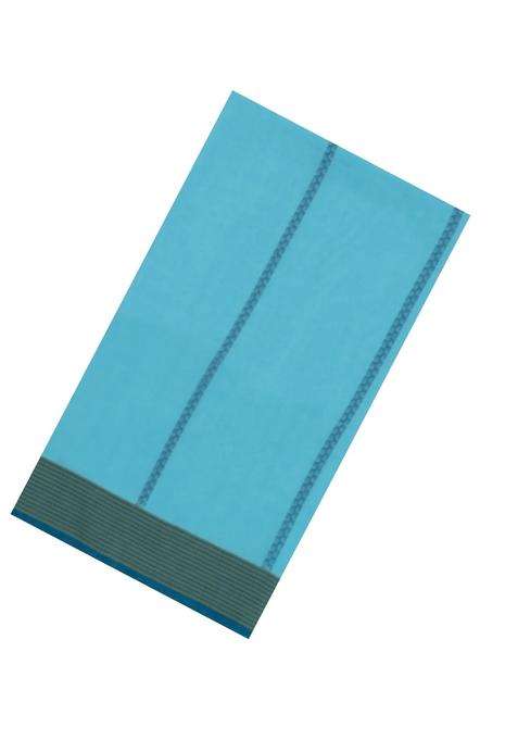 Turquoise Handloom Bengal Cotton Saree With Stripes With Checks And Stripes Design For Women