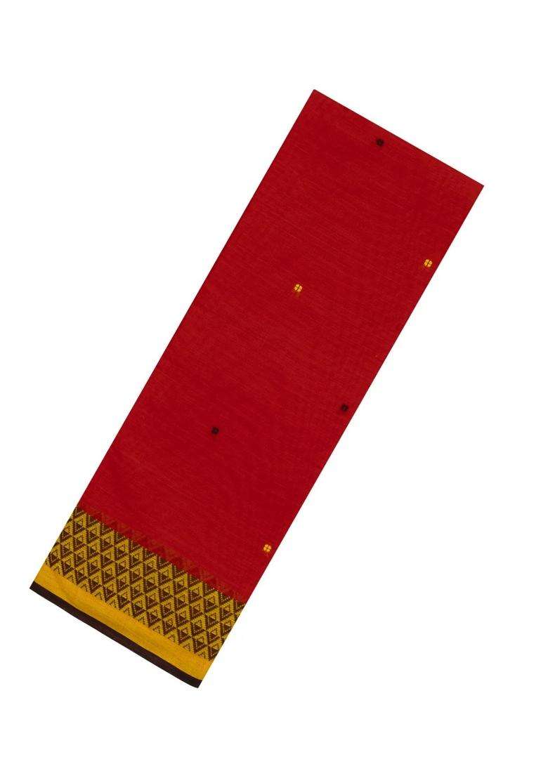 Red Handloom Bengal Cotton Saree With Plus Buttas With Buttas And Brocade Design For Women - Indya