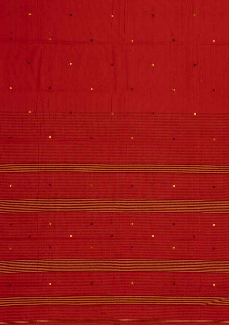 Red Handloom Bengal Cotton Saree With Plus Buttas With Buttas And Brocade Design For Women - Indya