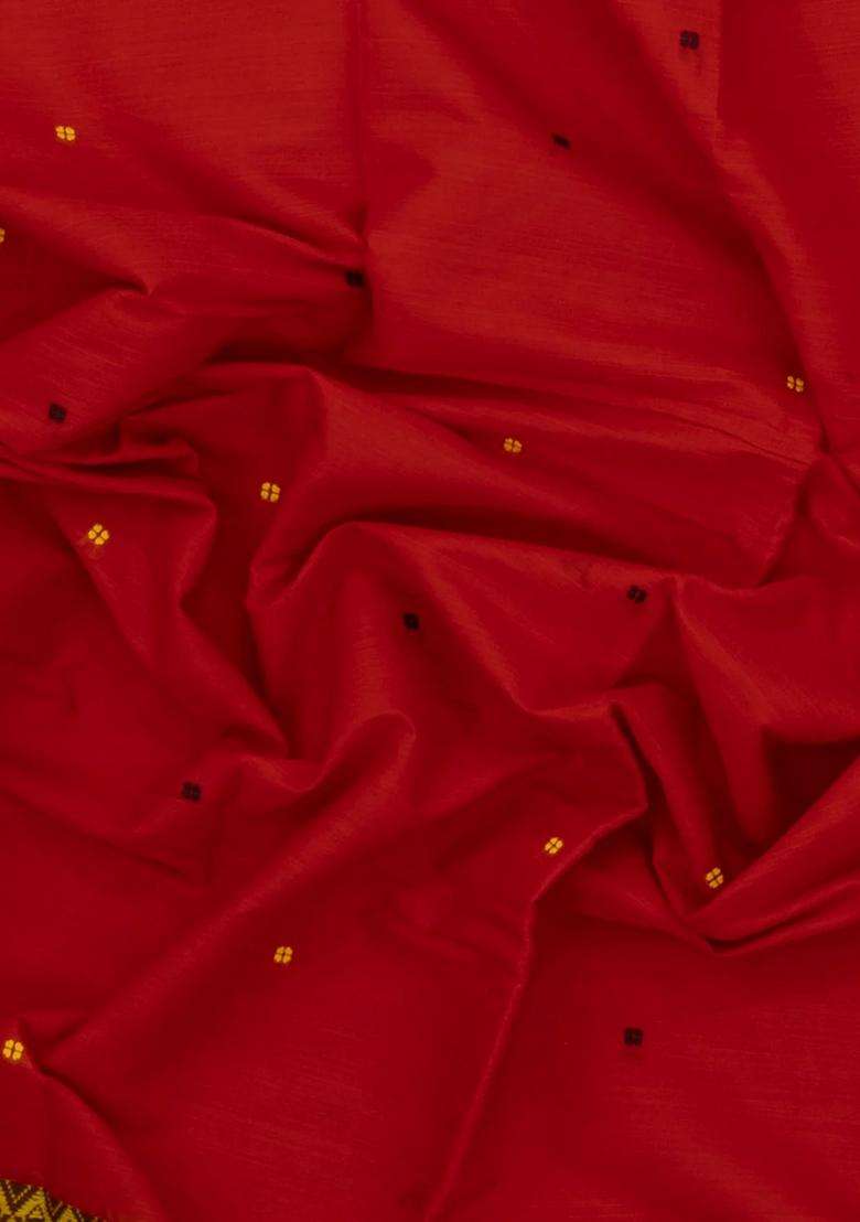 Red Handloom Bengal Cotton Saree With Plus Buttas With Buttas And Brocade Design For Women - Indya