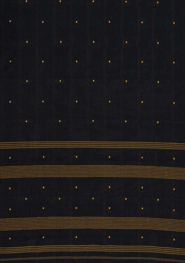 Black Handloom Bengal Cotton Saree With Floral Buttas With Buttas And Brocade Design For Women - Indya