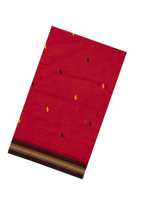 Crimson Handloom Bengal Cotton Saree With Cross Buttas With Buttas And Brocade Design For Women