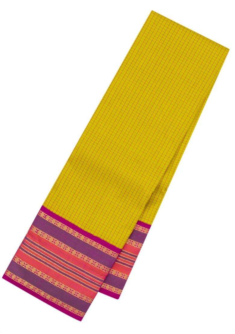 Lime Yellow Lemon Yellow Handloom Korvai Kanchipuram Silk Saree With Checks With Korvai And Temple Border Design For Women - Indya