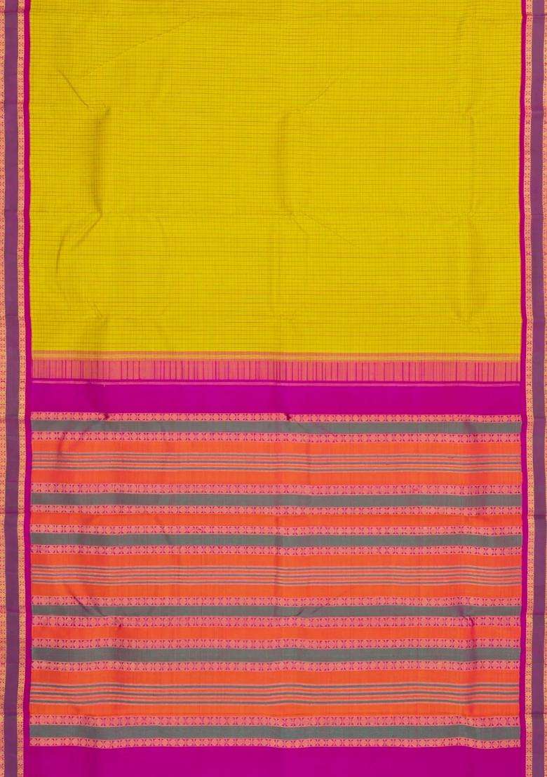 Lime Yellow Lemon Yellow Handloom Korvai Kanchipuram Silk Saree With Checks With Korvai And Temple Border Design For Women - Indya