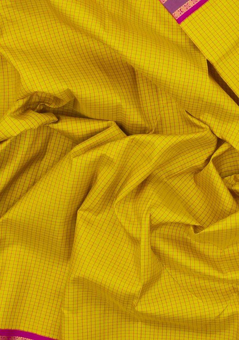 Lime Yellow Lemon Yellow Handloom Korvai Kanchipuram Silk Saree With Checks With Korvai And Temple Border Design For Women - Indya