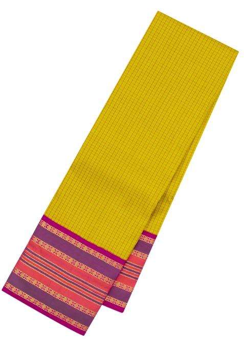 Lime Yellow Lemon Yellow Handloom Korvai Kanchipuram Silk Saree With Checks With Korvai And Temple Border Design For Women